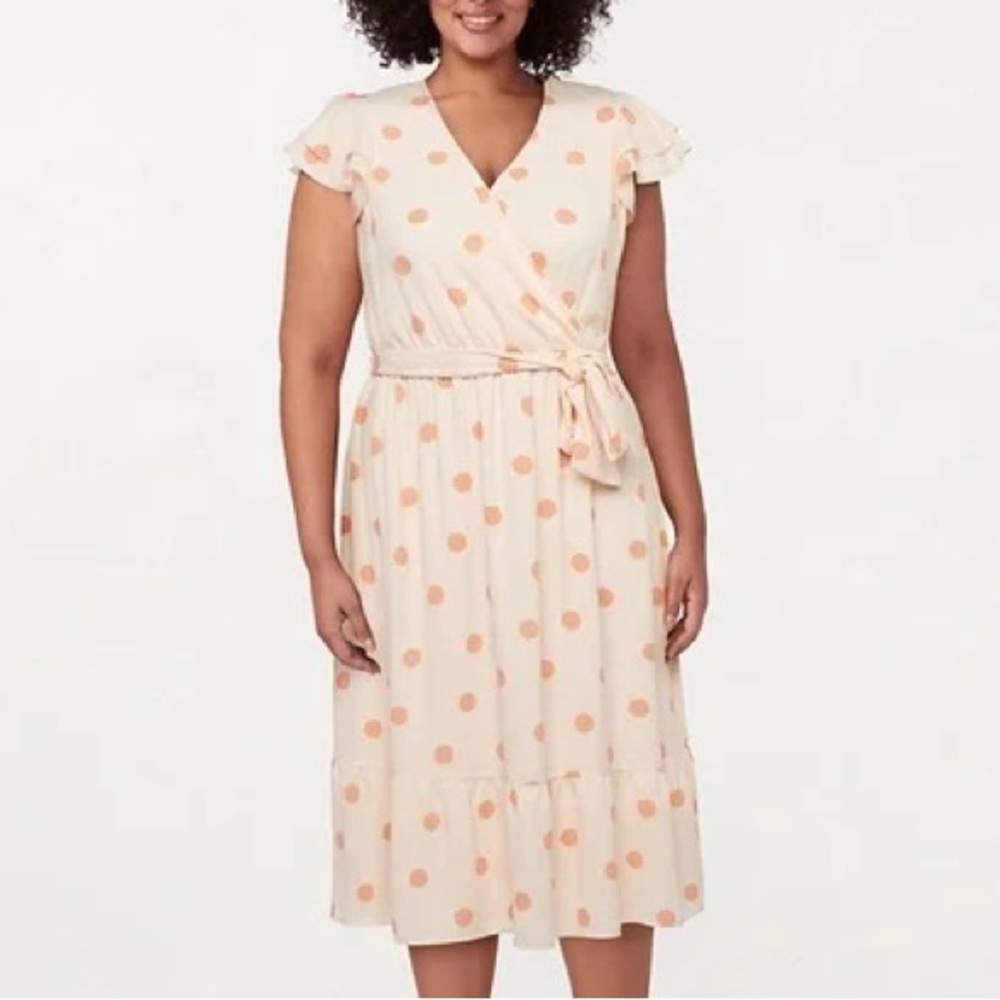 LC Lauren Conrad Flutter Faux-Wrap Midi Dress Plus Size 3X, Light Beige Dot